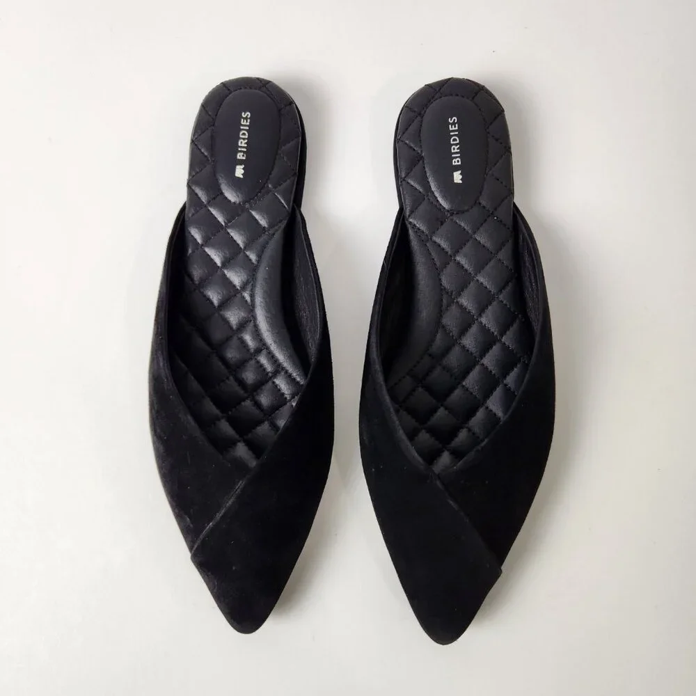 Birdies Shoes Womens 9.5 Black Swan Suede Mules Quilted Flats Leather Slip On - Picture 2 of 14